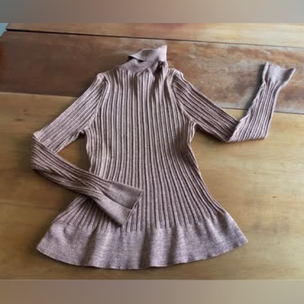 Silk-Blend Sparkly Bronze Ribbed Turtleneck Sweater Monochrome Neutral XL